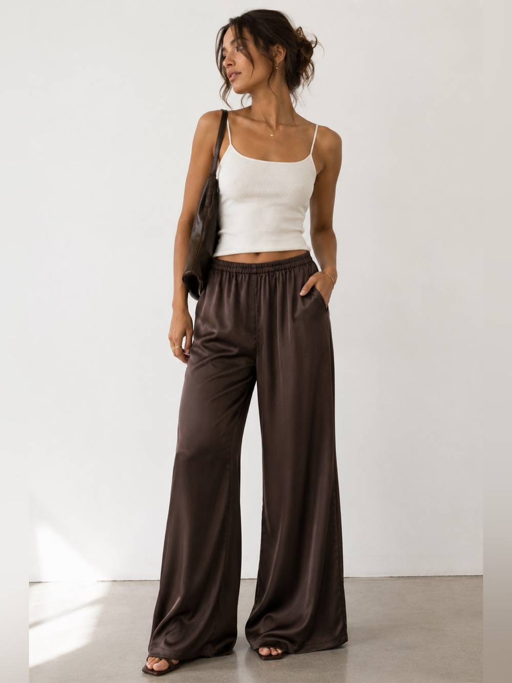 Sincerely Jules Wide Leg Satin Pants in Chocolate Brown